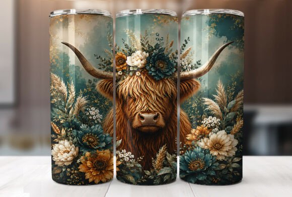 Download Teal Floral Highland Cow Tumbler Wrap - Wrap Collection