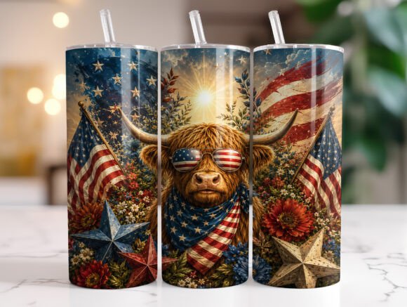 Download Patriotic Highland Cow 20oz Tumbler Wrap - Wrap Collection